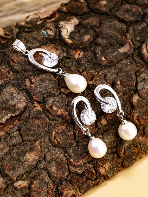 

Studio Voylla Silver Pearl Studded Pendant With Earrings