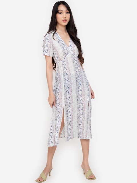 

ZALORA BASICS Women Off White Floral Printed with Front Split A-Line Midi Dress