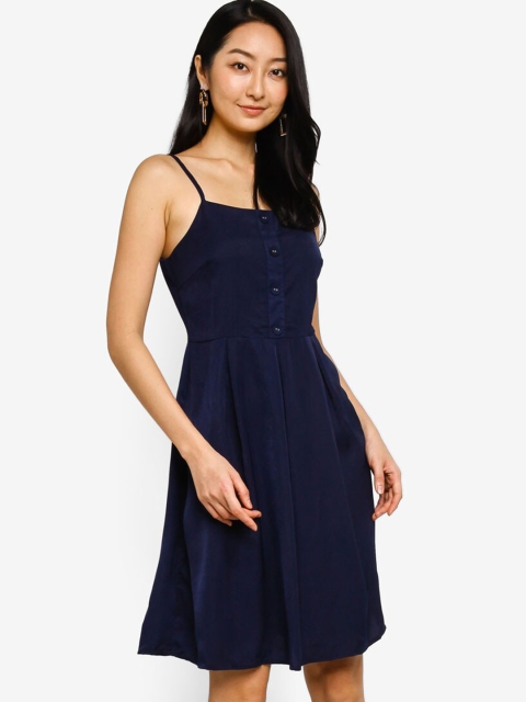 

ZALORA BASICS Women Blue Solid Button Down A-Line Dress
