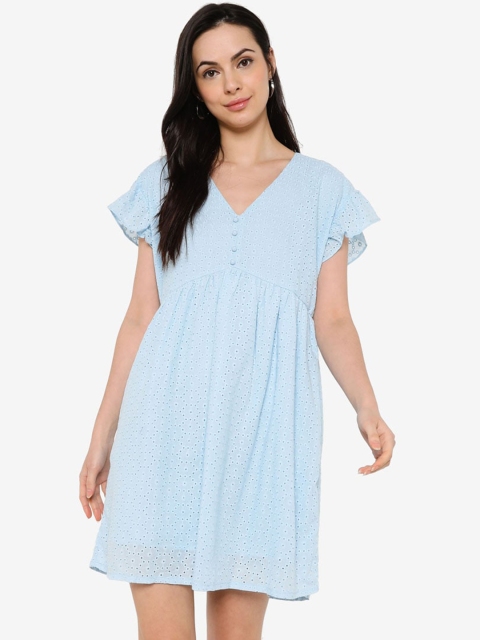 

ZALORA BASICS Women Blue A-Line Cotton Schiffli Mini Dress