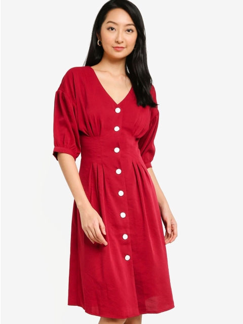 

ZALORA BASICS Red Balloon Sleeves Midi Dress