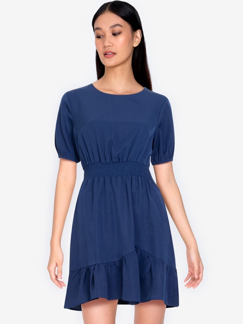 

ZALORA BASICS Navy Blue Solid Smocked Waist A-Line Dress