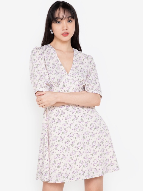 

ZALORA BASICS Cream-Coloured & Lavender Floral A-Line Midi Dress