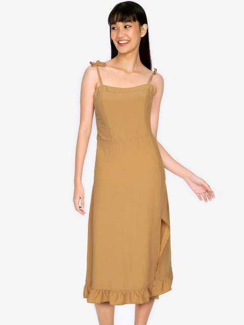 

ZALORA BASICS Women Brown Solid Smocked Back And Tie Strap A-Line Midi Dress with Slit