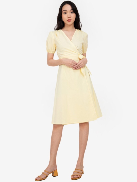 

ZALORA BASICS Women Yellow Puff Sleeve Wrap Dress