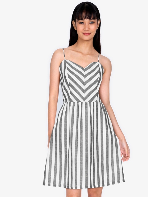 

ZALORA BASICS Grey & White Printed Striped Fit & Flared Dress