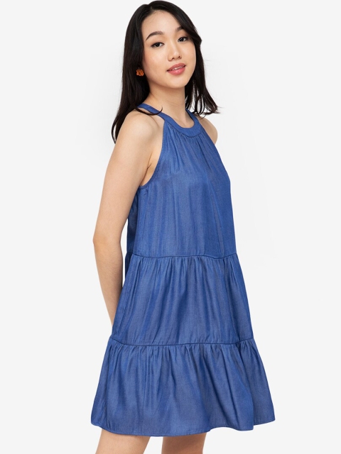 

ZALORA BASICS Blue Solid Sleeveless Tiered A-Line Mini Dress