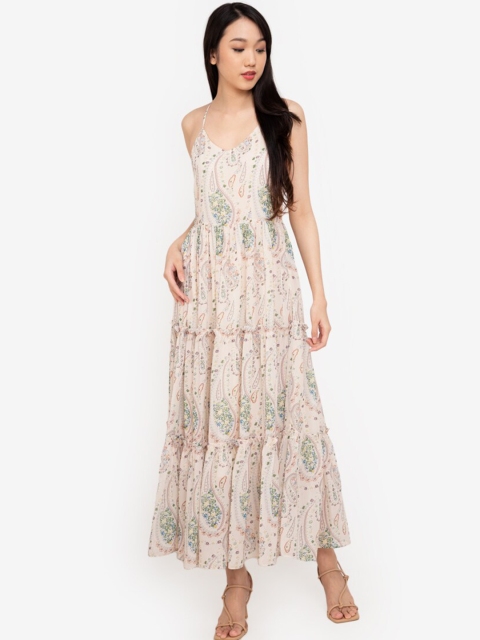 

ZALORA BASICS Cream-Coloured & Green Ethnic Motifs Halter Neck A-Line Maxi Dress