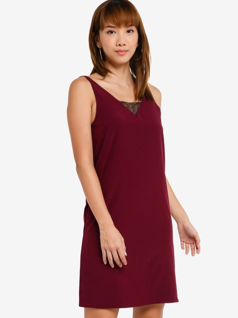 

ZALORA BASICS Women Maroon Solid Lace Insert A-Line Dress