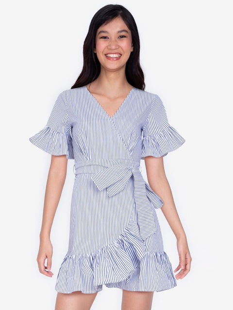 

ZALORA BASICS Blue & White Striped Mini Wrap Dress