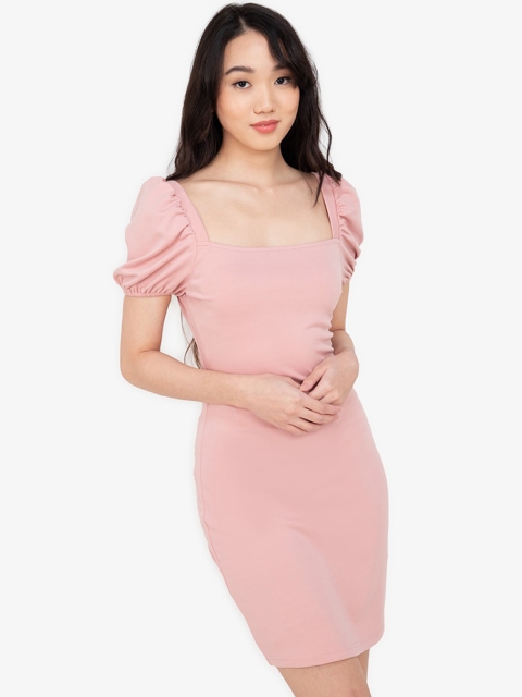 

ZALORA BASICS Pink Solid Puff Sleeves Bodycon Dress