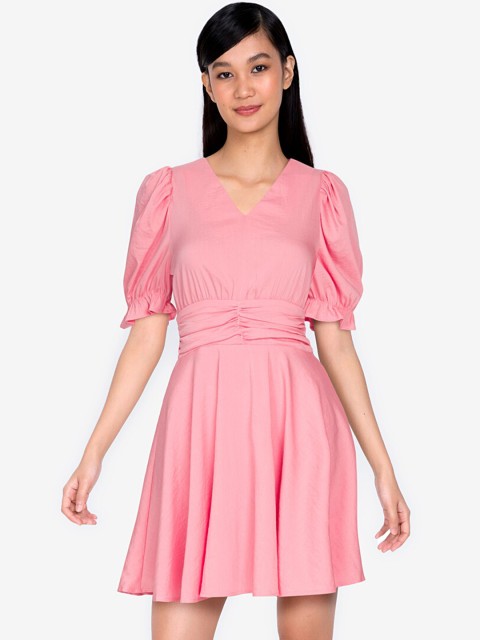 

ZALORA BASICS Pink Ruched Waist Fit & Flare Dress