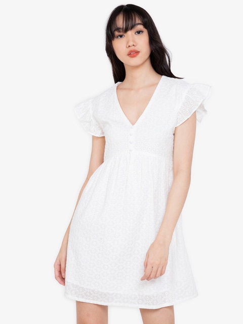 

ZALORA BASICS Women White A-Line Cotton Eyelet Midi Dress
