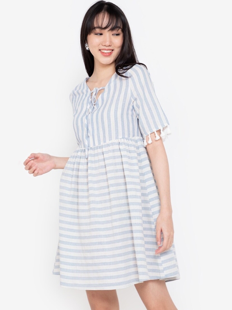 

ZALORA BASICS Blue & White Striped Fit & Flared Tassel Detail Mini Dress