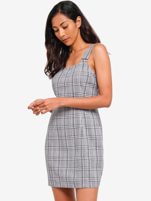 

ZALORA BASICS Grey & White Checked Pinafore Midi Dress