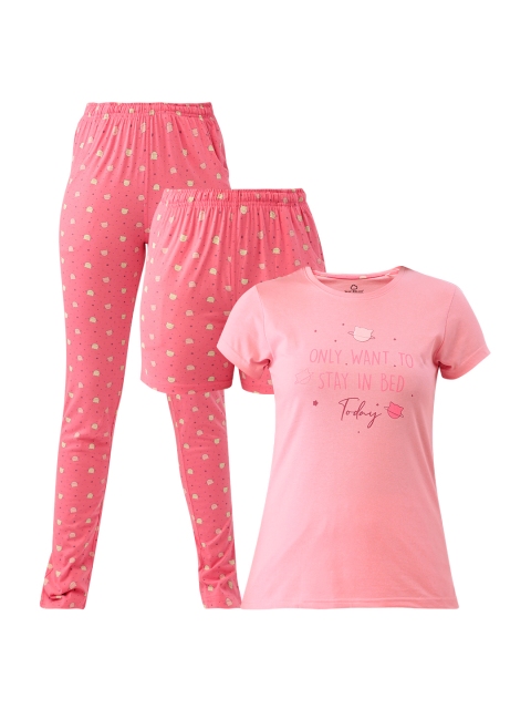 

Sweet Dreams Women 3 Pc Pink Printed Pure Cotton Night Suit Set