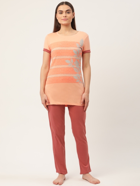 

Sweet Dreams Women Peach-Coloured & Coral Leaf Printed Pure Cotton Night suit