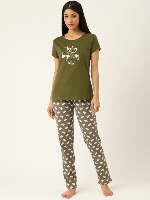 

Sweet Dreams Women Olive Green & White Printed Night suit