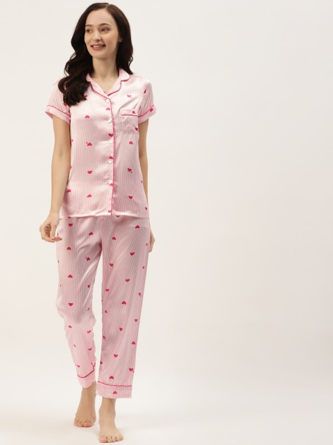 

Sweet Dreams Women Pink & White Printed Satin Finish Night suit