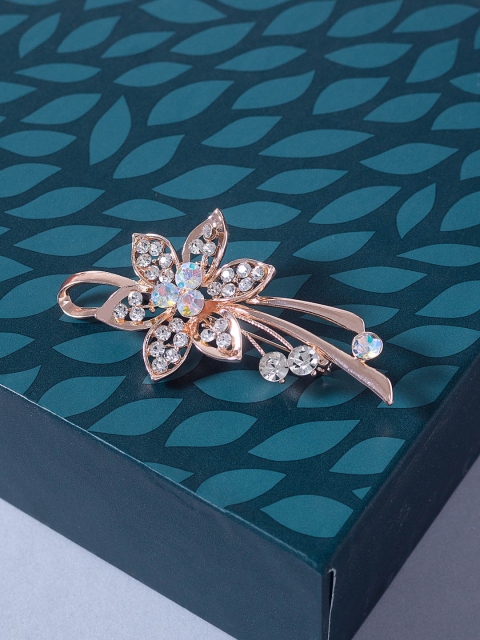 

Golden Peacock Women Rose Gold-Toned Artificial Stone Studded Floral-Shaped Brooch