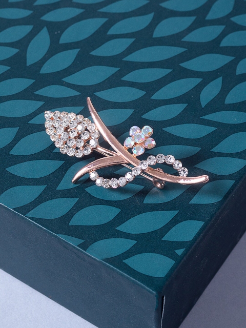 

Golden Peacock Women Rose Gold-Toned Artificial Stone Studded Floral-Shaped Brooch