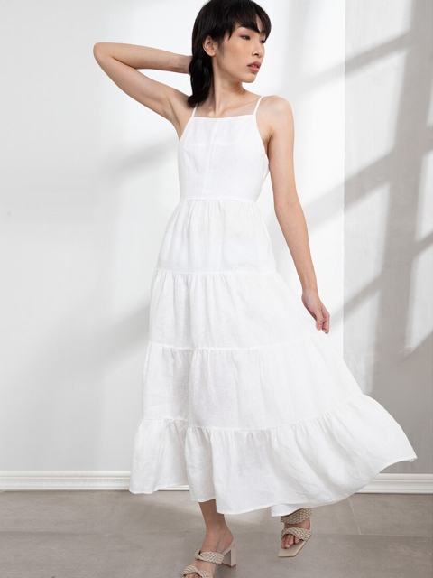

ORIGIN BY ZALORA White Linen Tie Back Ruffle Midi Dress