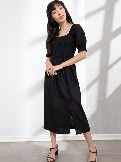 

ORIGIN BY ZALORA Black Pure Linen Smocked Detail Puff Sleeve Dress