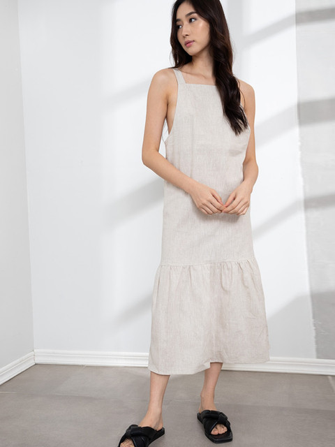 

ORIGIN BY ZALORA Beige Linen A-Line Drop Ruffle Midi Dress