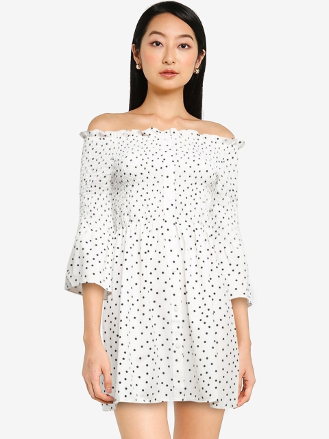 

ZALORA BASICS White & Black Off-Shoulder Smocked A-Line Dress