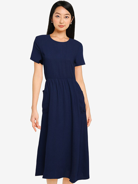 

ZALORA BASICS Navy Blue Oversized Pocket A-Line Midi Dress