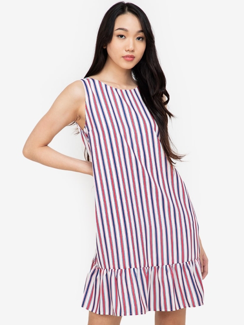 

ZALORA BASICS White & Blue Striped Frill Hem Dress