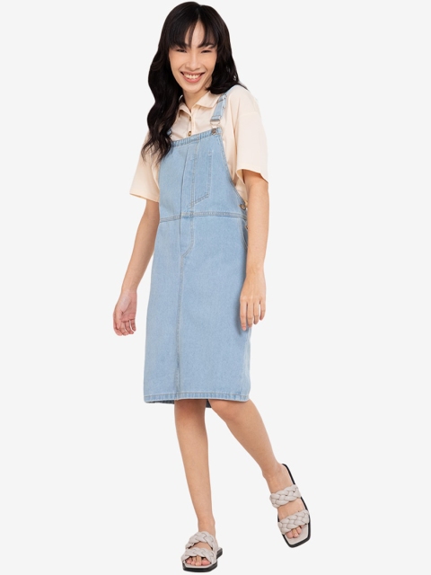 

ZALORA BASICS Blue Striped Denim Pinafore Dress