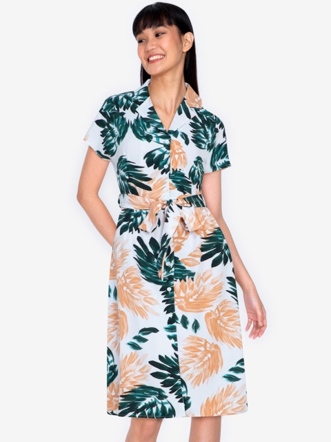 

ZALORA BASICS Women Green & Coral Tropical Printed Button Down Shirt Dress