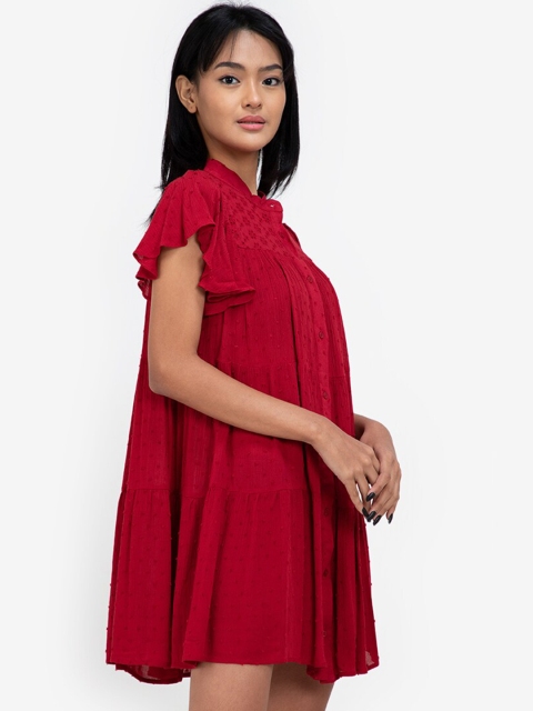 

ZALORA BASICS Women Red A-Line Eyelet Shirt Mini Dress