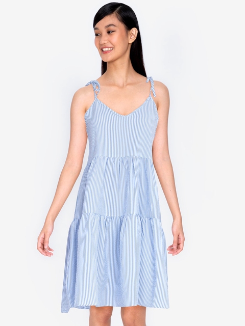 

ZALORA BASICS Women Blue & White Striped Tiered Dress