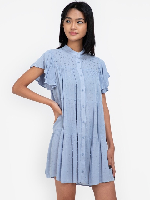 

ZALORA BASICS Blue Self Design Cape Sleeves Shirt Dress