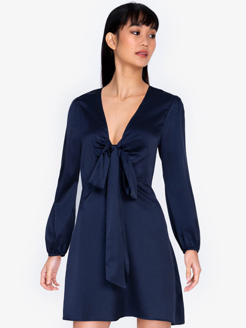 

ZALORA BASICS Navy Blue Bow Front Satin A-Line Mini Dress