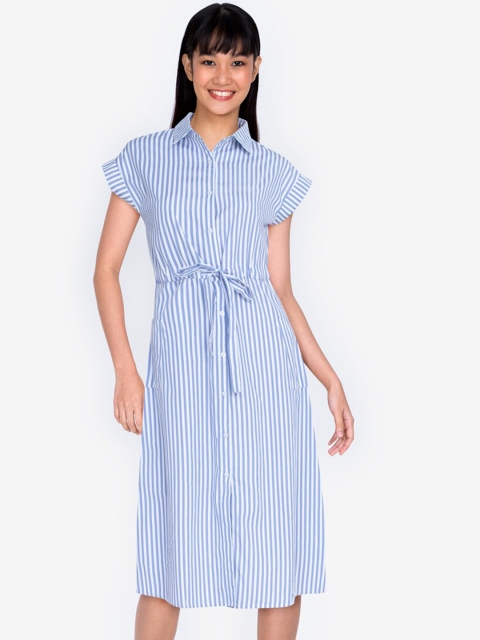 

ZALORA BASICS Women Blue & White Striped Shirt Midi Dress With Drawstring