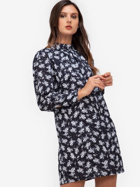 

ZALORA WORK Navy Blue & White Floral A-Line Gathered Neck Shift Dress