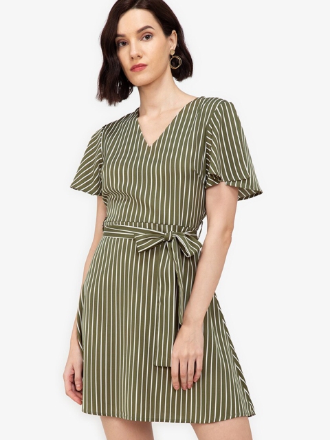 

ZALORA WORK Green & White Striped Slit Sleeves A-Line Dress