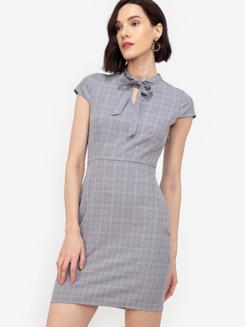 

ZALORA WORK Multicoloured Checked Tie-Up Neck A-Line Dress, Multi