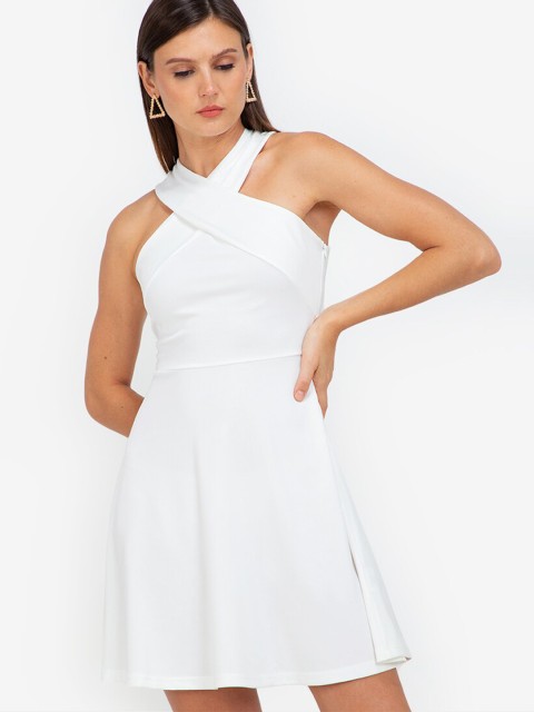 

ZALORA WORK White Halter Neck Cross Front Fit & Flare Dress