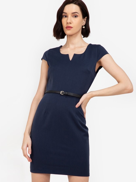 

ZALORA WORK Navy Blue A-Line Dress With PU Belt