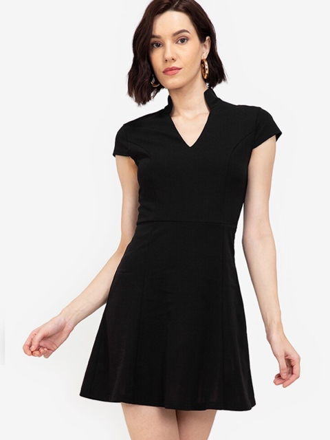 

ZALORA WORK Women Black Solid Notch Neck Cap Sleeve A-Line Dress