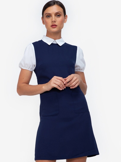 

ZALORA WORK Women Blue & White Colourblocked A-Line Dress, Navy blue