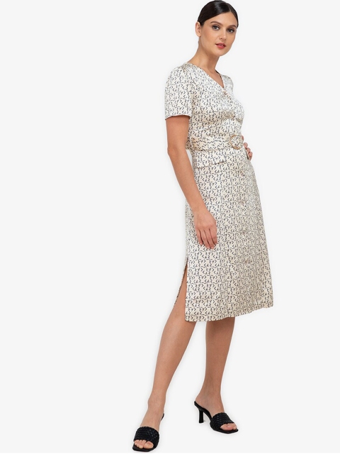 

ZALORA WORK Beige & Black Geometric Printed A-Line Dress