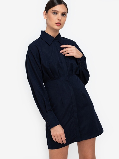 

ZALORA WORK Navy Blue Gathered Waist Mini Shirt Dress