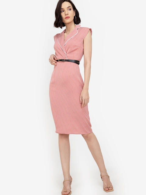 

ZALORA WORK Pink & White Striped A-Line Dress with Belt