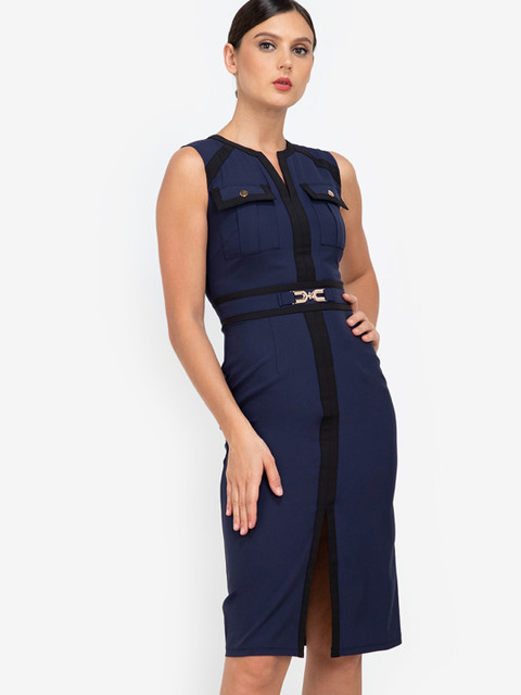 

ZALORA WORK Blue & Black Colourblocked A-Line Dress