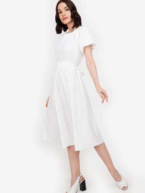 

ZALORA WORK Women White Sold Puff Sleeves Midi Pure Cotton Fit & Flare Dress